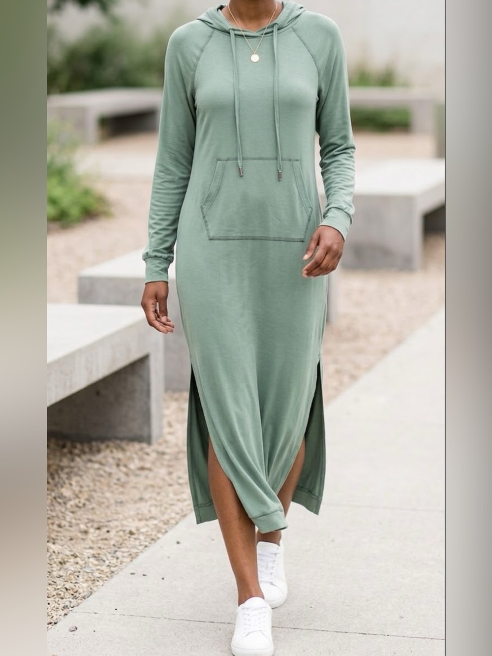 Esteban Cortazar Green Hooded Maxi Dress Size S Athleisure Hoodie Long Sleeve